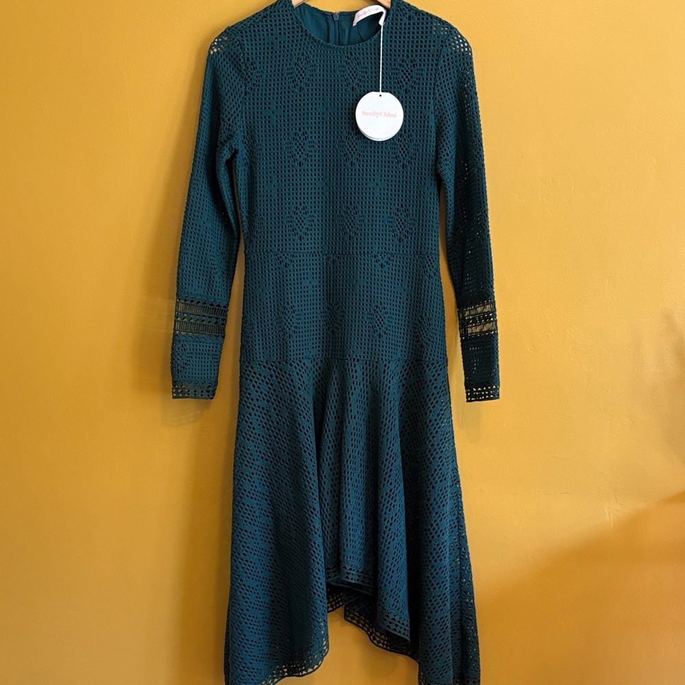 See By Chloe Teal Green Long Sleeve Crochet Midi Dress